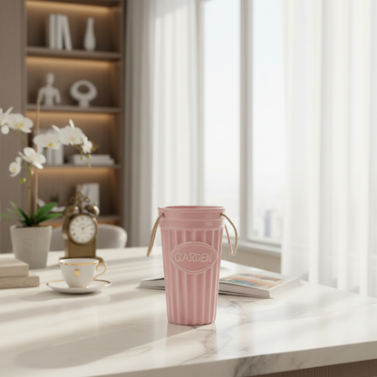 Cottage Charm: Pink "GARDEN" Ceramic Vase with Rope Handles