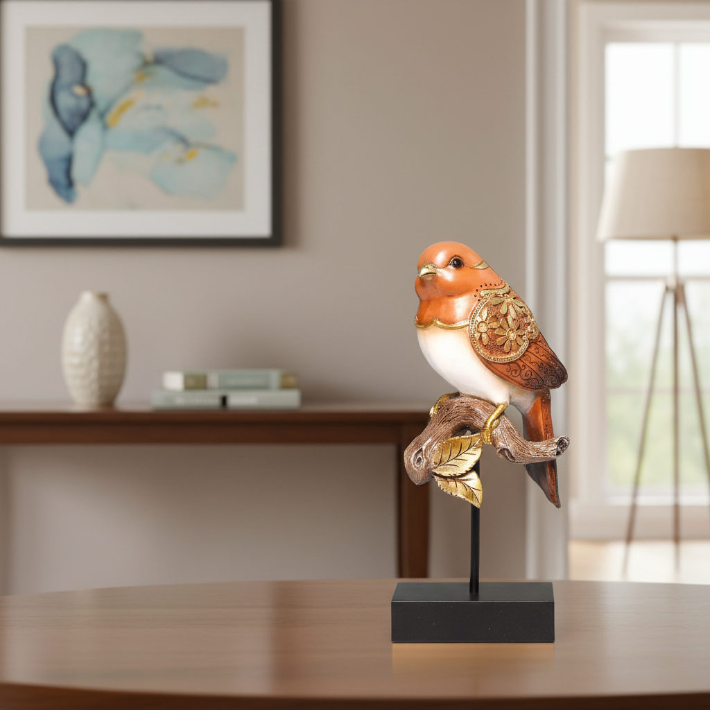 Decorative bird figurine on a stand in a room with a painting and lamp in the background.