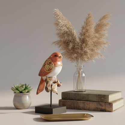 Decorative bird figurine on a stand against a plain background