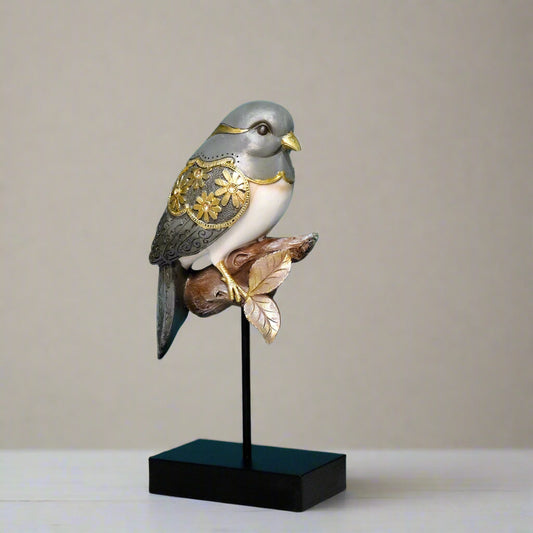 Silverwing Charm: Embellished Grey Bird Sculpture on Display Stand