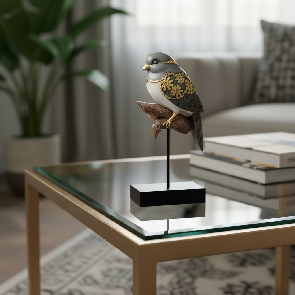 Silverwing Charm: Embellished Grey Bird Sculpture on Display Stand