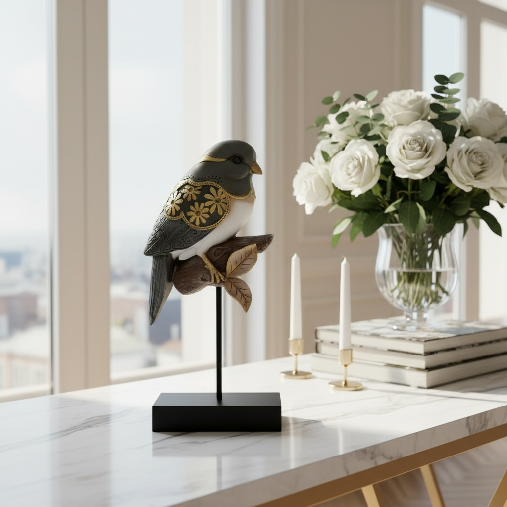 Decorative bird sculpture on a stand with a vase of white flowers in the background.