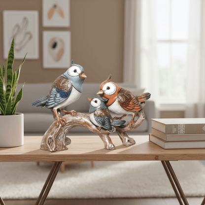 Decorative bird figurines on a branch with a plant and books in the background