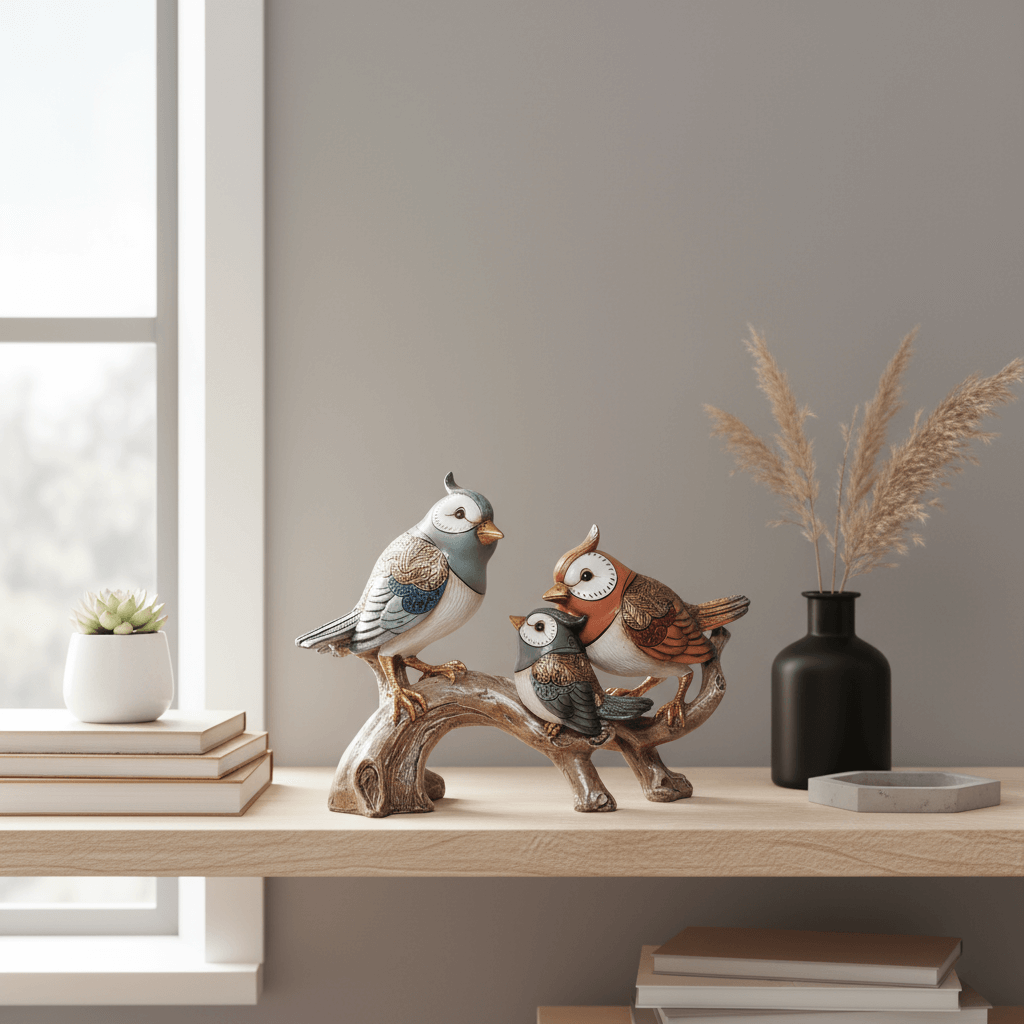 Decorative bird figurines on a wooden surface with a vase and books in the background.