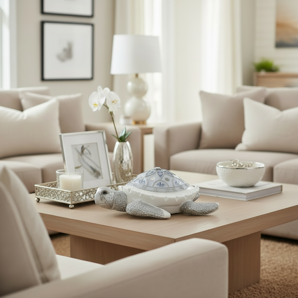 Living room with a coffee table featuring decorative items and a couch in the background.