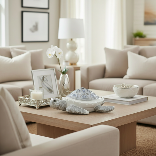 Living room with a coffee table featuring decorative items and a couch in the background.