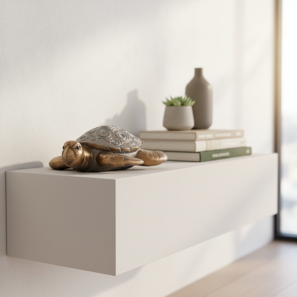 Decorative turtle sculpture on a white shelf with books and a plant in the background.
