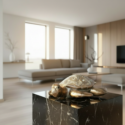 Bronze turtle sculpture on a black marble pedestal in a modern living room.