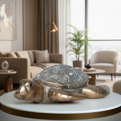 Decorative turtle sculpture on a table in a living room setting