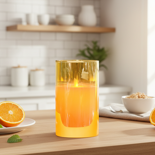 Yellow glass candle holder with a lit candle inside on a neutral background