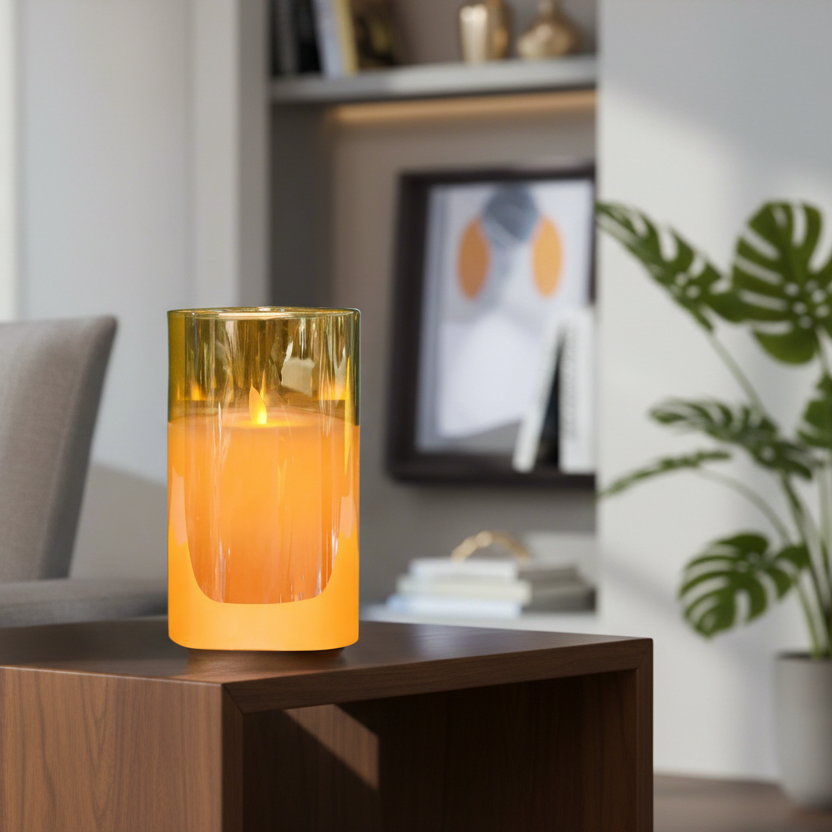 Candle in a glass holder on a wooden surface with a blurred indoor background