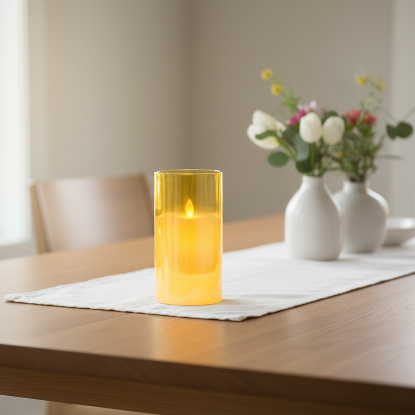 Amber Glow: Flameless LED Candle in Cylindrical Glass Holder (Medium)