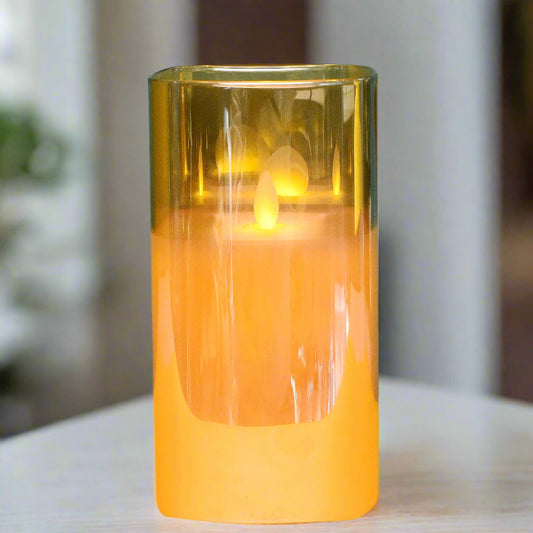 Amber Glow: Flameless LED Candle in Cylindrical Glass Holder (Medium)