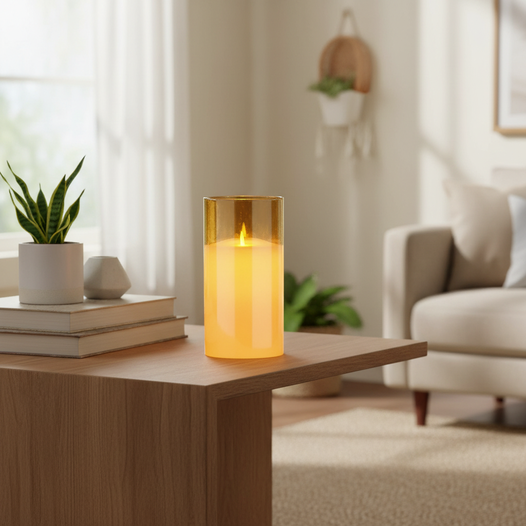 Flickering candle in a glass holder on a wooden table with a cozy living room background.