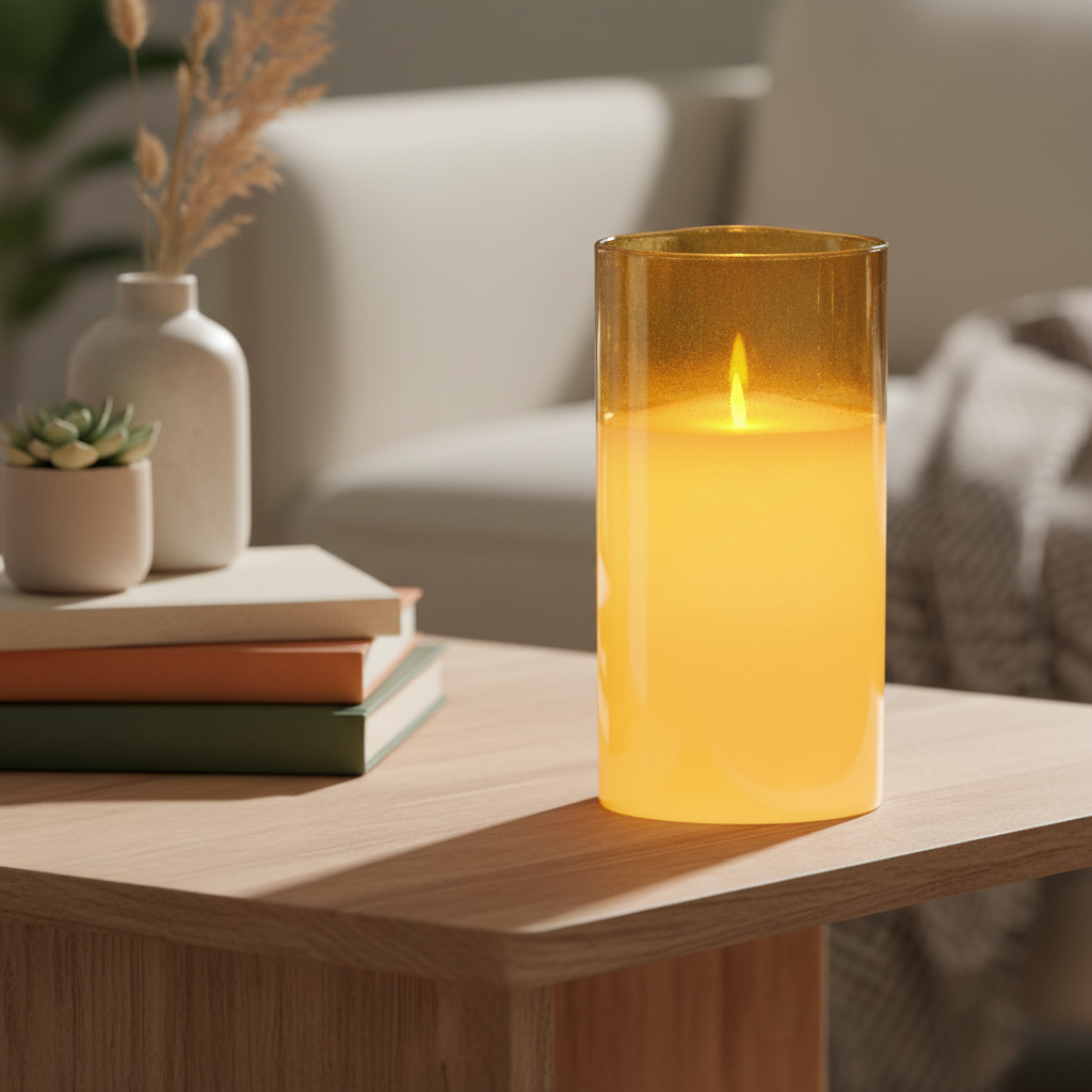 Cylindrical candle in a gold-rimmed glass holder on a blurred background