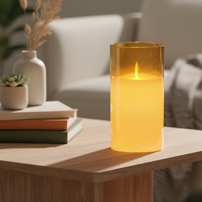 Cylindrical candle in a gold-rimmed glass holder on a blurred background