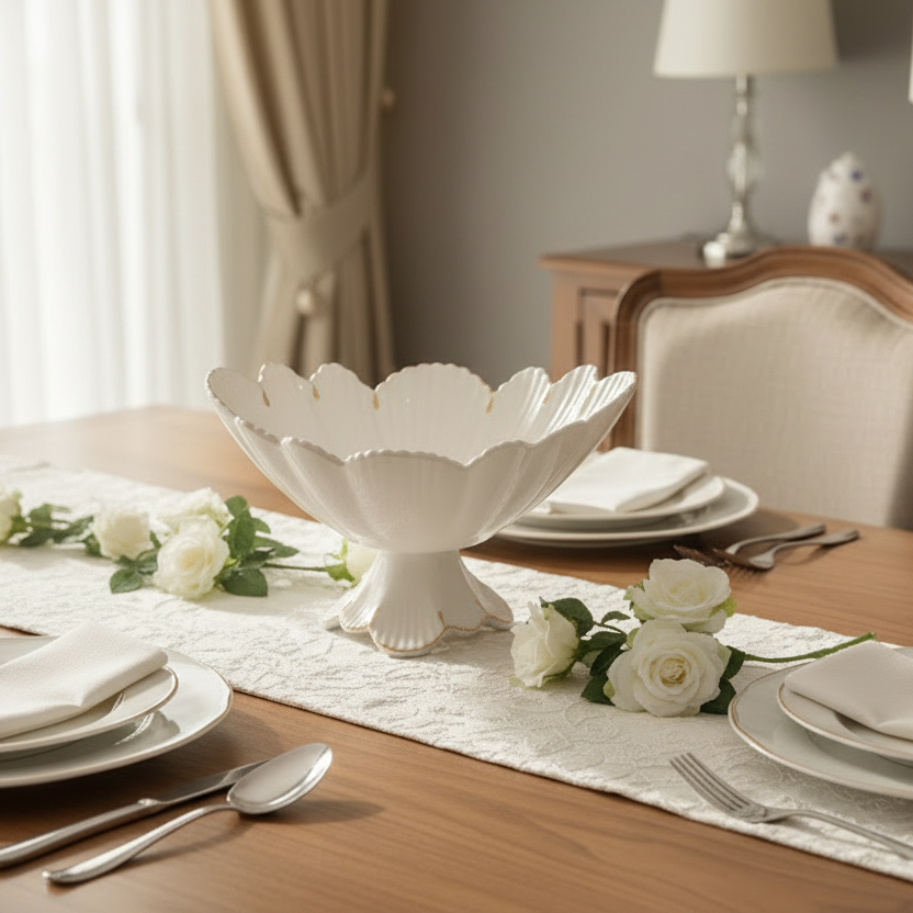 Dining table set with white dishes, silverware, and floral arrangements in a cozy room.