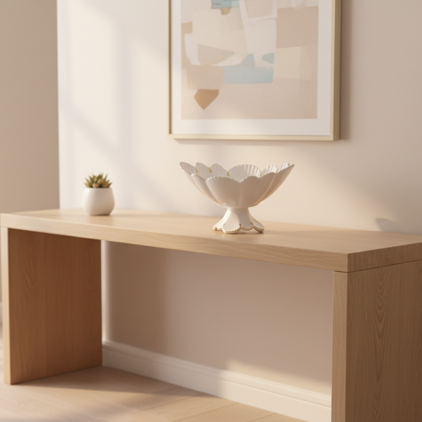 Wooden console table with decorative items against a light wall.