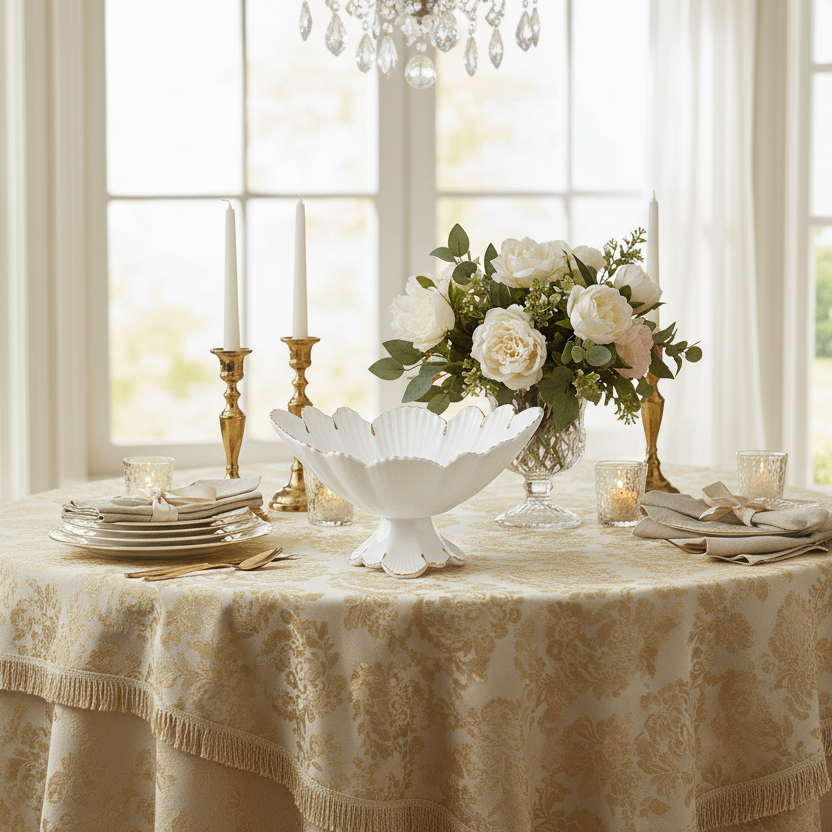 Elegant dining table setting with floral centerpiece, candles, and decorative plates.