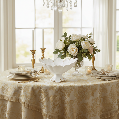 Elegant dining table setting with floral centerpiece, candles, and decorative plates.