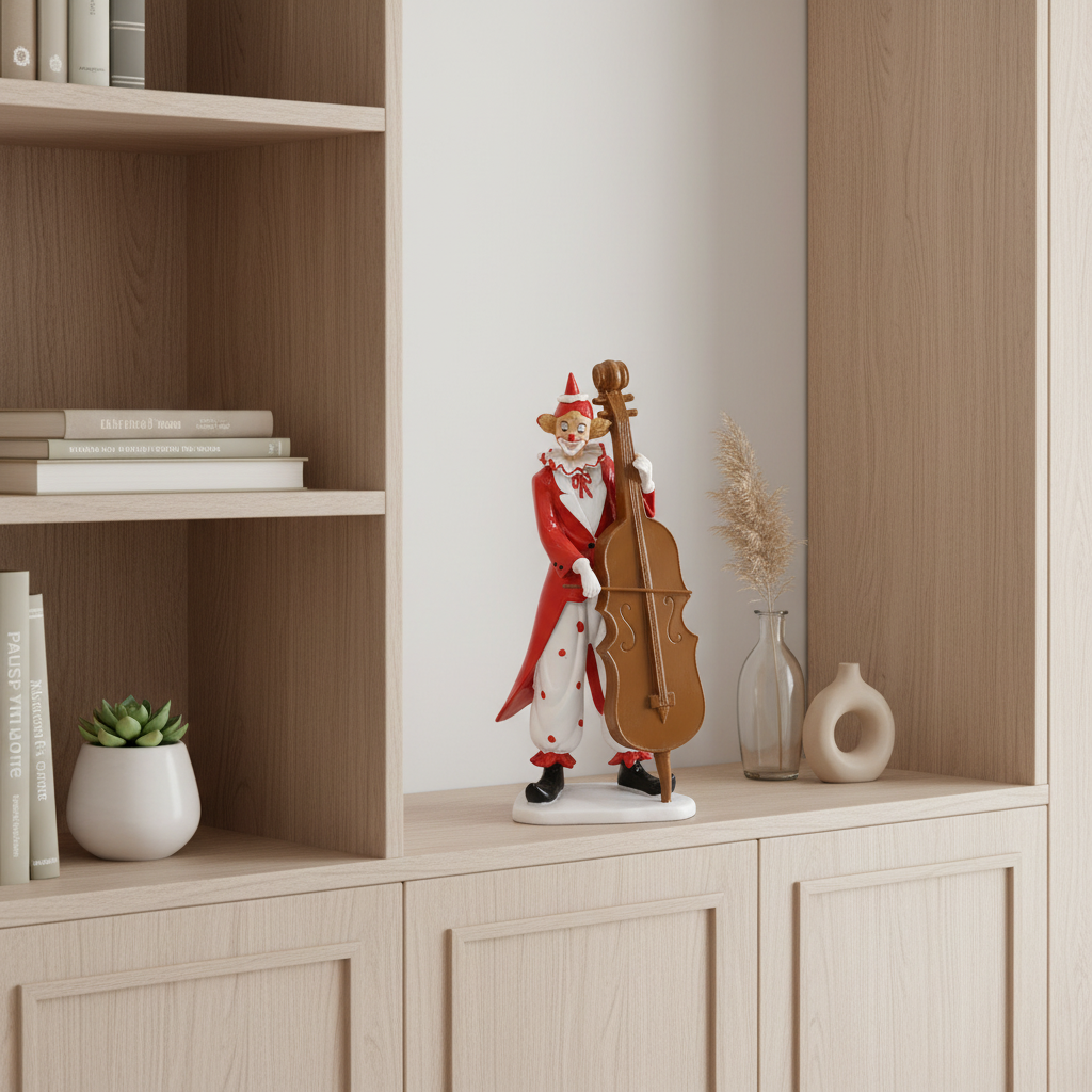 Decorative figure of a clown playing a cello on a wooden shelf with books and plants.