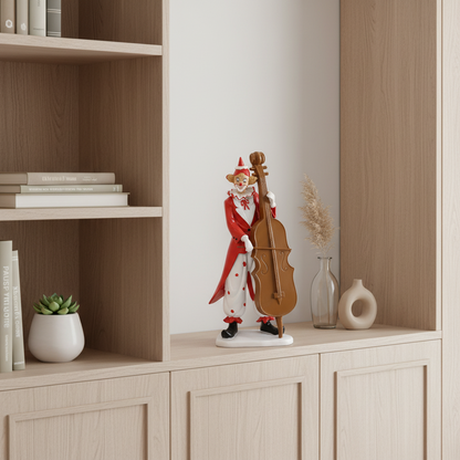 Decorative figure of a clown playing a cello on a wooden shelf with books and plants.