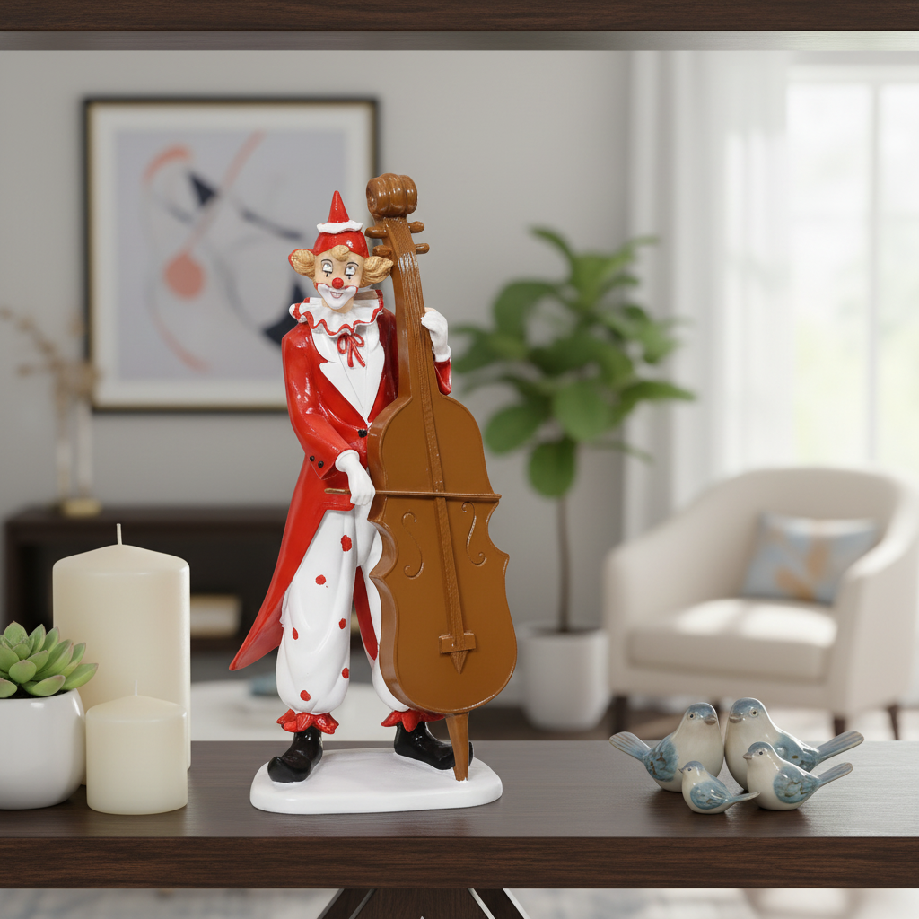 Clown figurine playing a cello on a table with a home interior background