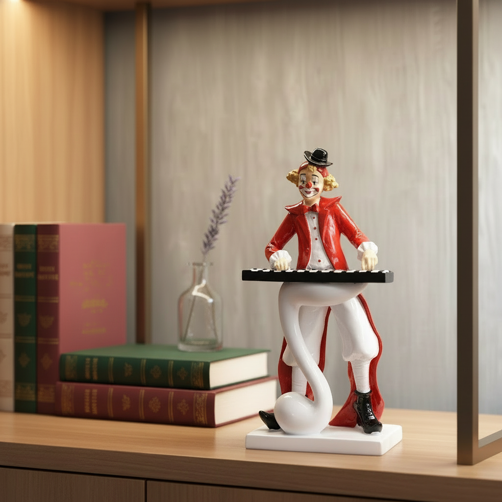 Clown figurine on a stand with books and a vase in the background