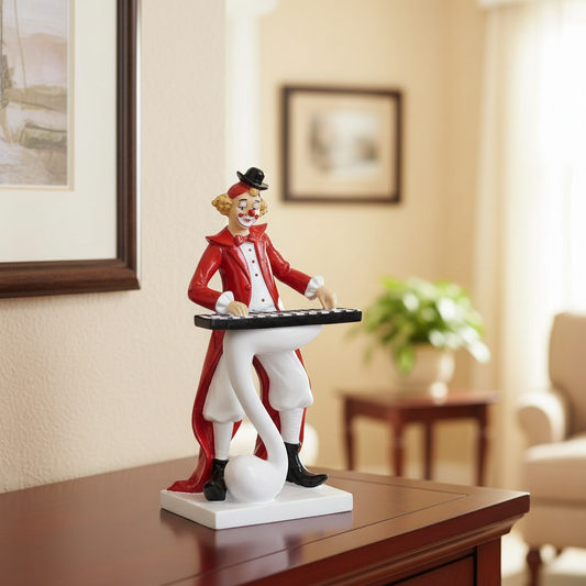 Statue of a clown playing a keyboard on a table in a room with decor elements.