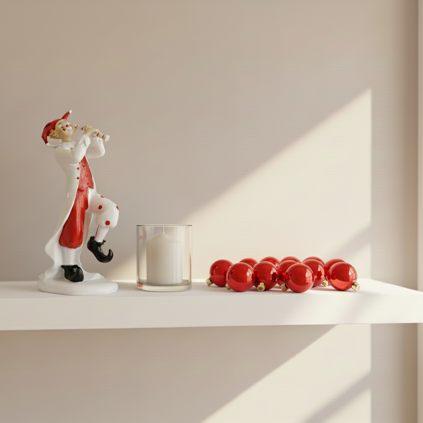 Clown figurine with red and white outfit on a gray background
