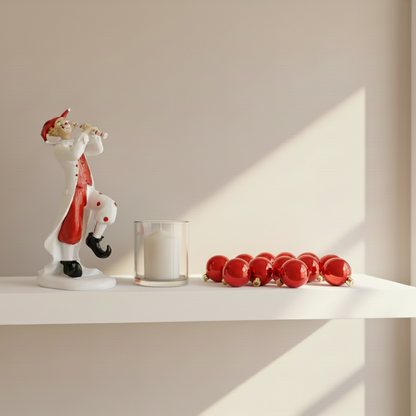 Clown figurine with red and white outfit on a gray background
