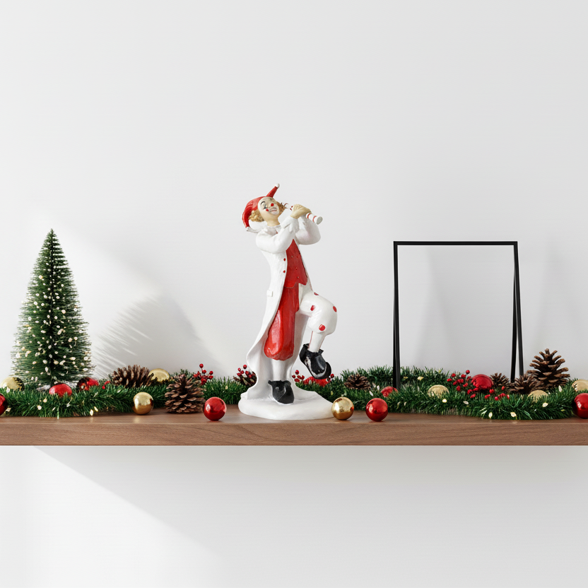 Clown figurine with red and white outfit on a gray background