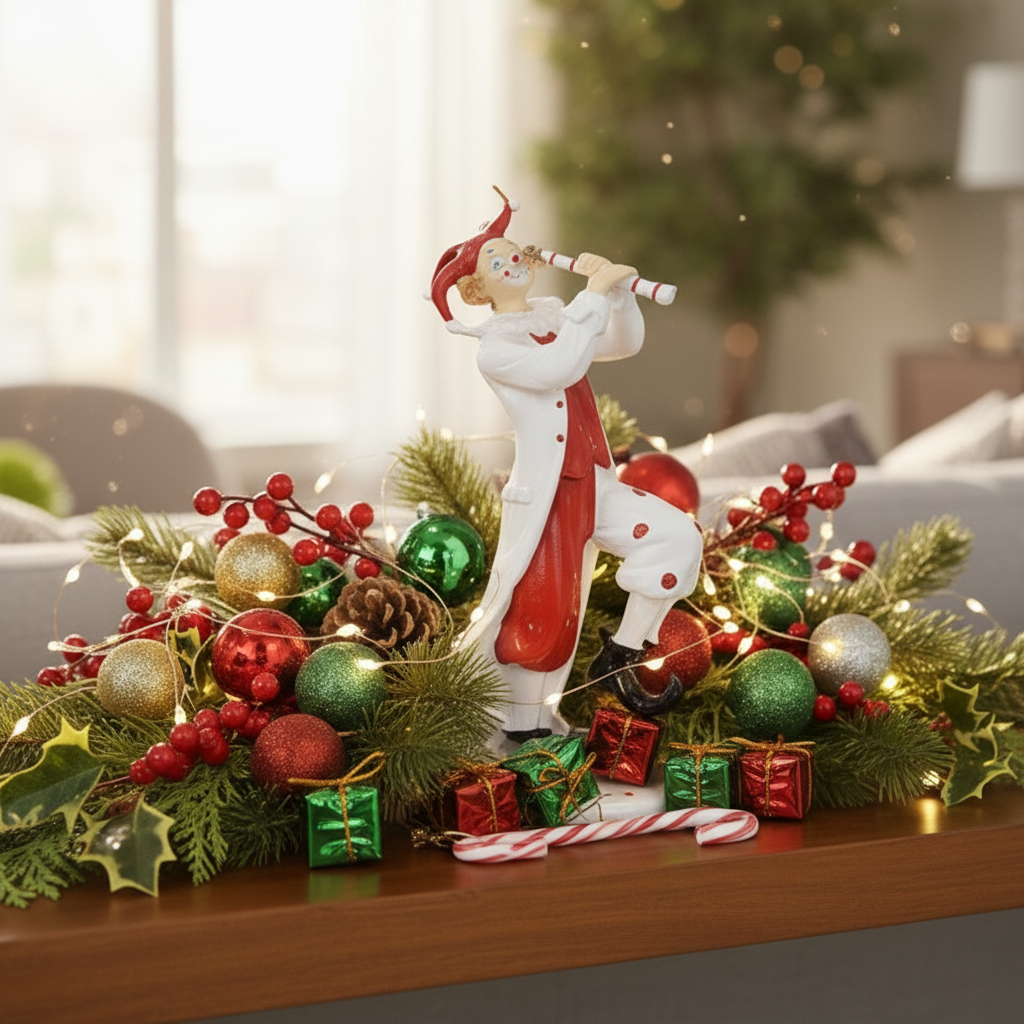 Living room with a Christmas-themed table centerpiece featuring a Santa Claus figurine and decorative items.