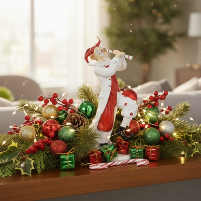 Living room with a Christmas-themed table centerpiece featuring a Santa Claus figurine and decorative items.