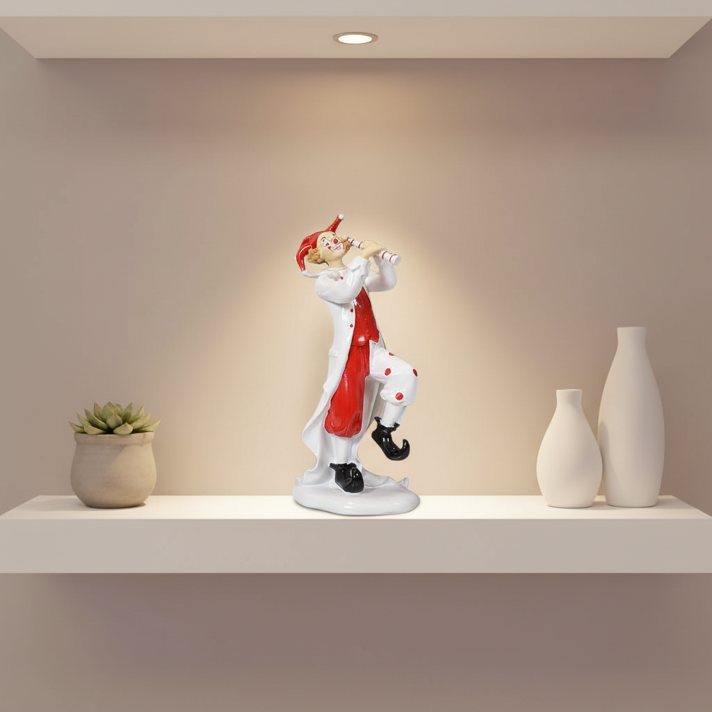 Decorative figurine on a shelf with vases and a plant against a beige wall.