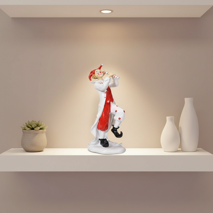 Decorative figurine on a shelf with vases and a plant against a beige wall.