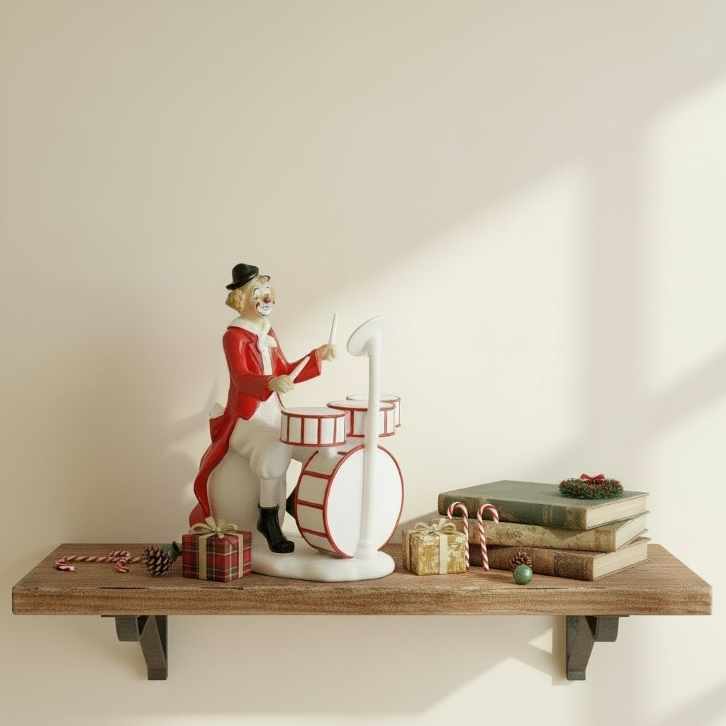 Decorative shelf with a clown figurine, drum set, and small gifts on a wooden surface.