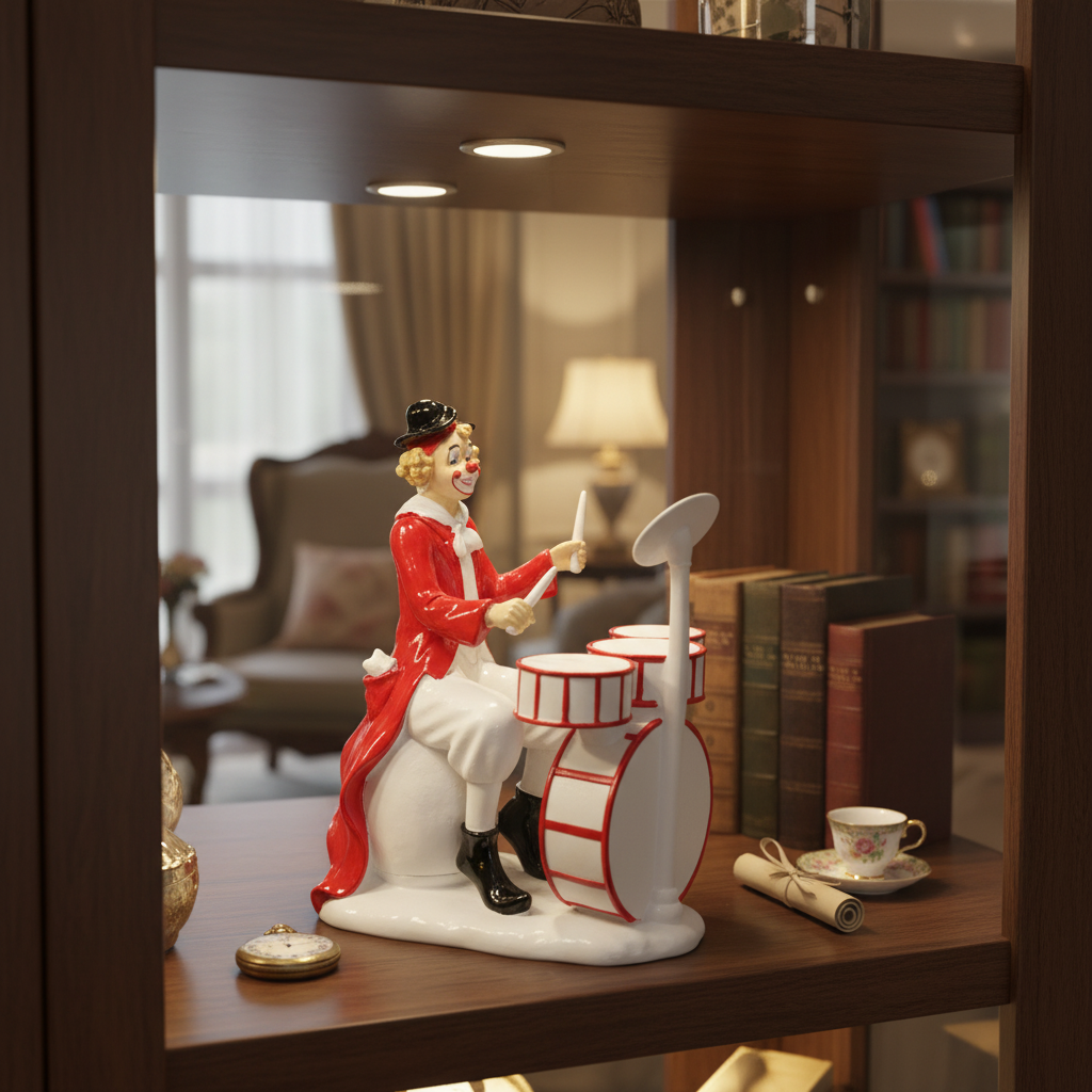 Clown figurine with drums on a wooden shelf in a home setting