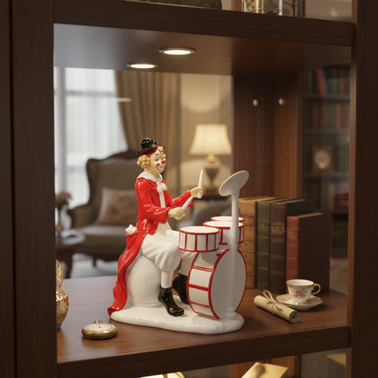 Clown figurine with drums on a wooden shelf in a home setting