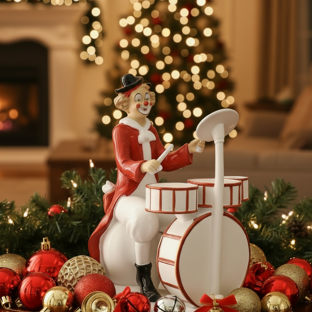 Clown figurine playing drums with Christmas decorations and tree in the background