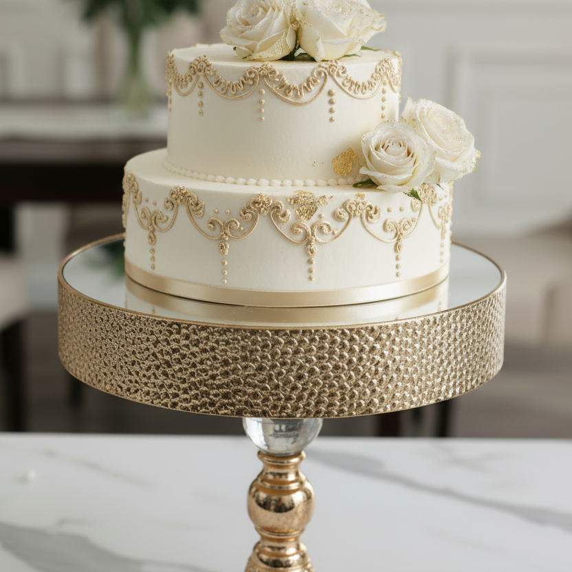 Decorative two-tier cake with gold accents and white roses on a matching stand.