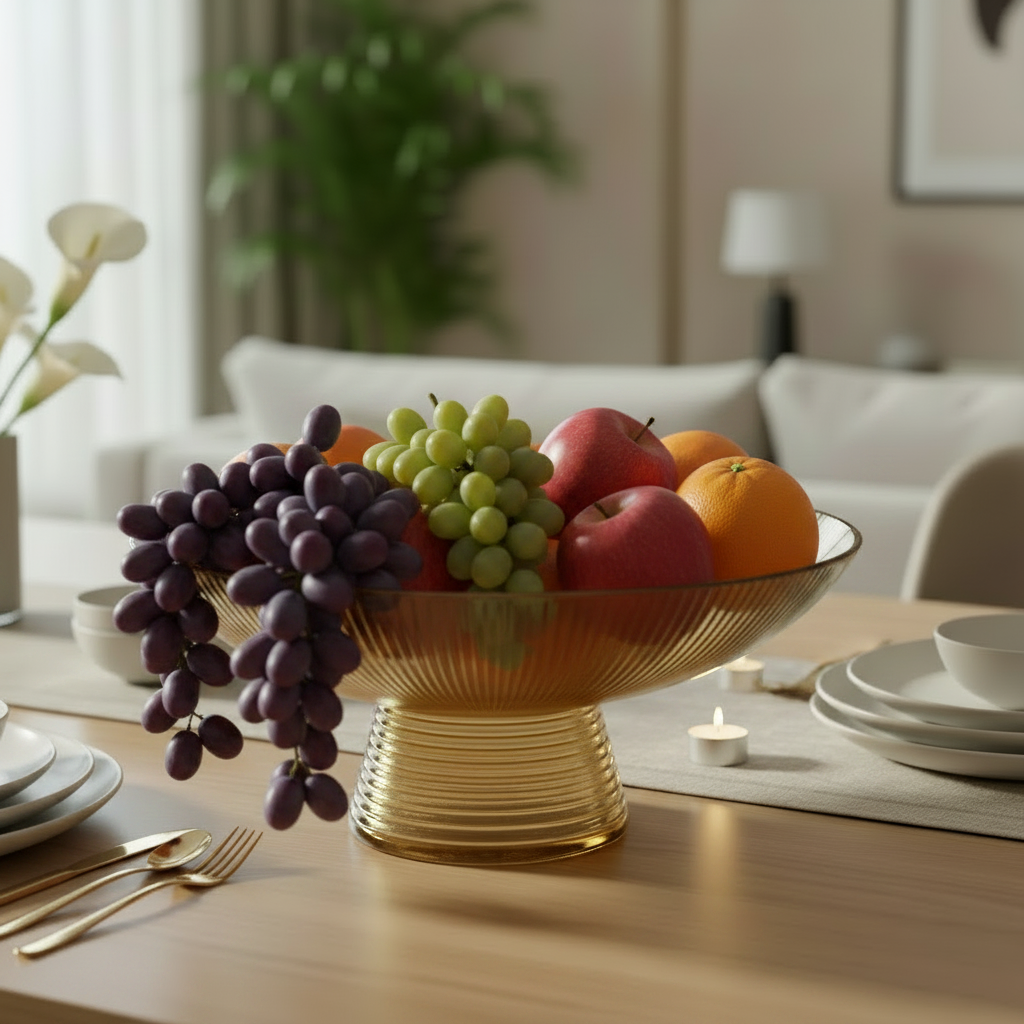 A ribbed gold pedestal fruit bowl filled with grapes, apples, oranges, and other fruits, set on a wooden dining table in a softly blurred living room background.
