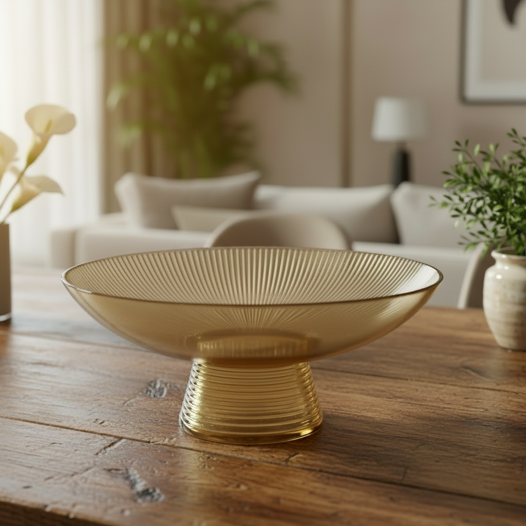 A translucent amber glass pedestal bowl with a ribbed stem and flared rim sits on a rustic wooden table in a softly blurred living room setting.