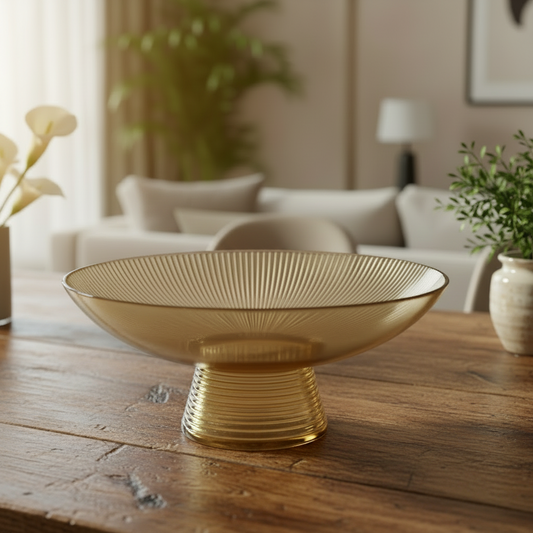 A translucent amber glass pedestal bowl with a ribbed stem and flared rim sits on a rustic wooden table in a softly blurred living room setting.