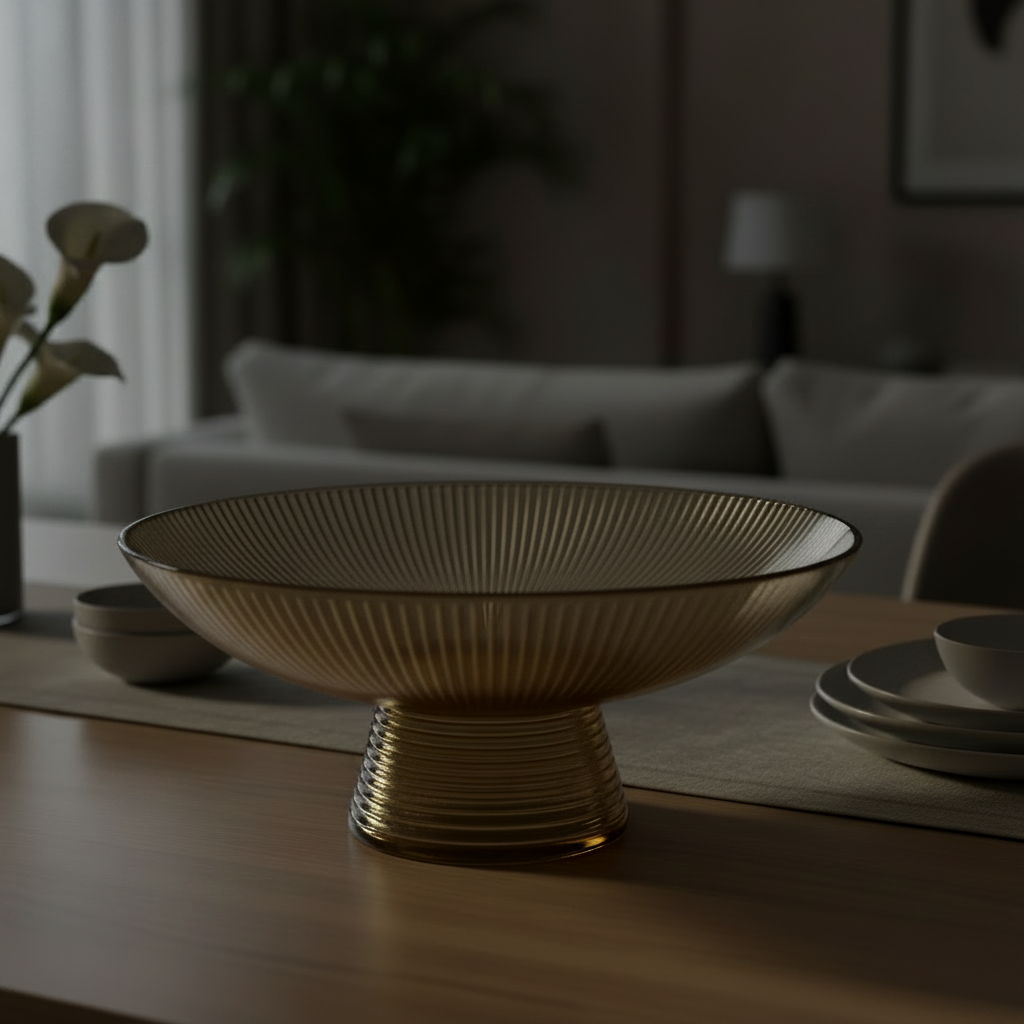 A ribbed pedestal bowl in a warm metallic gold finish, displayed on a wooden table in a dimly lit, modern living room setting.