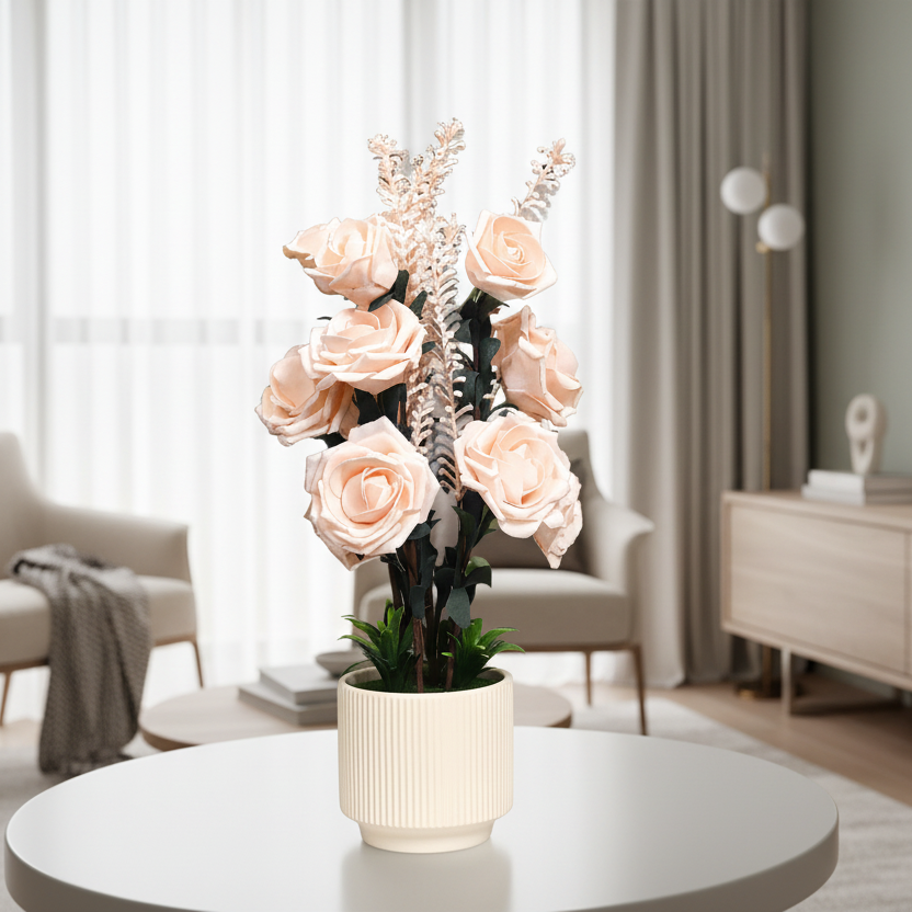Modern living room with a round coffee table, vase of flowers, and a sideboard.