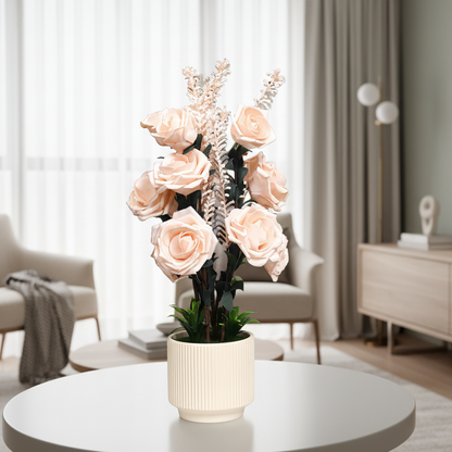 Modern living room with a round coffee table, vase of flowers, and a sideboard.