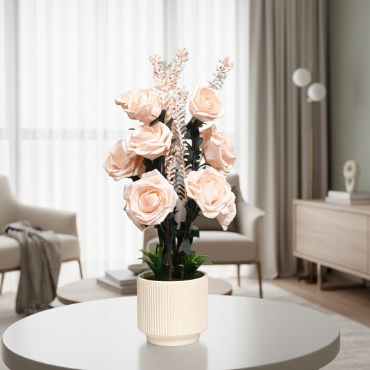 Modern living room with a round coffee table, vase of flowers, and a sideboard.
