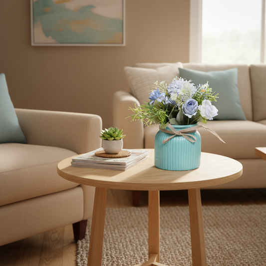 Serene Bloom: Artificial Blue & White Floral Arrangement in Ceramic Ribbed Aqua Vase