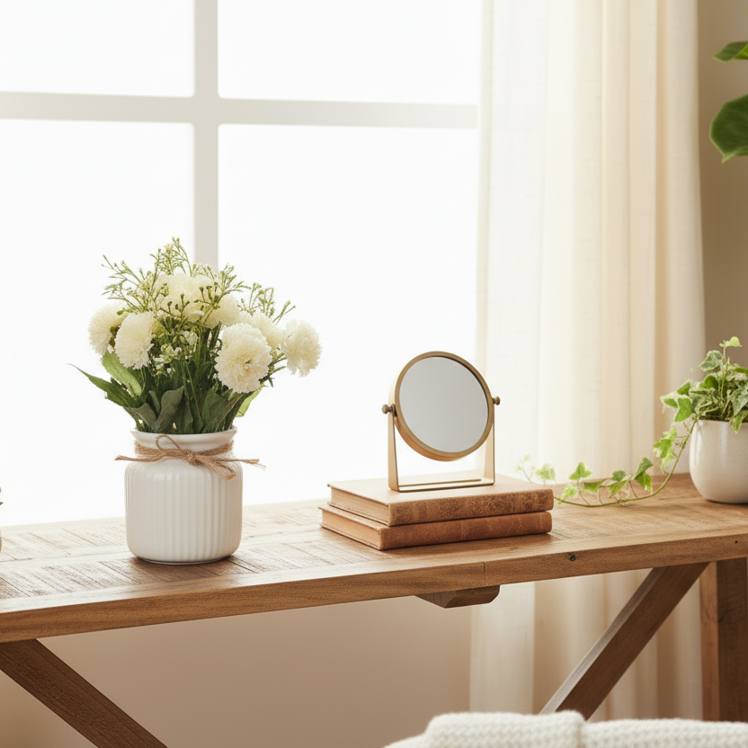 White flowers in a ceramic pot on a light gray background